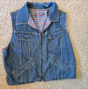 Lizwear Liz Claiborne Reversible Denim Plaid Vest Womens Large L 90s Vintage Cr